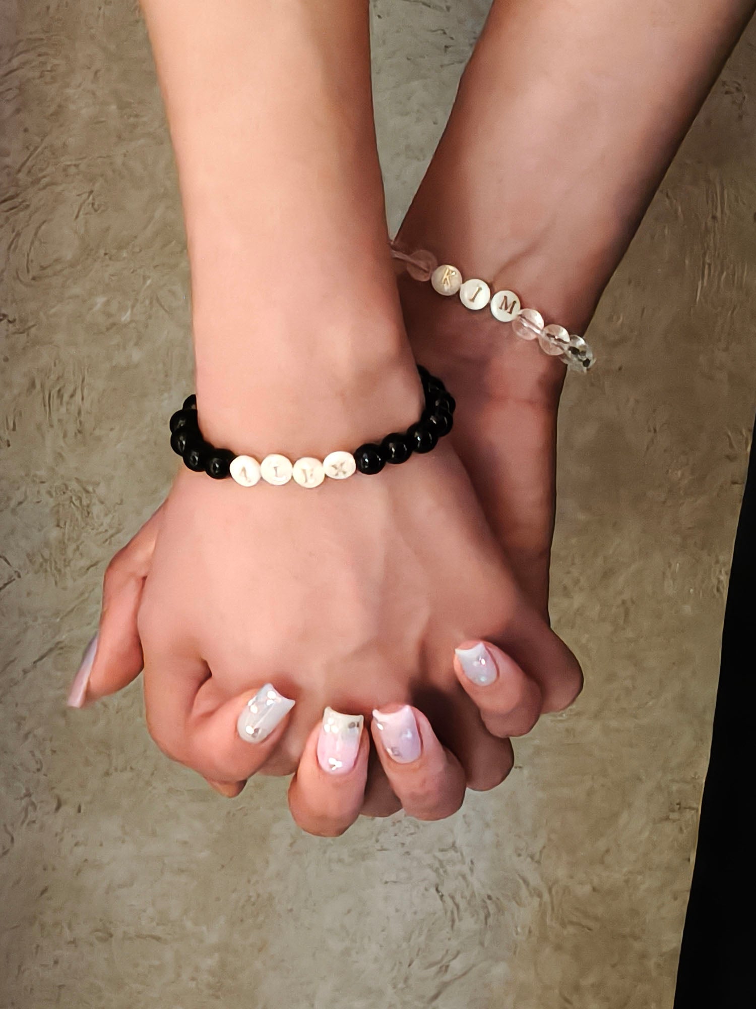 Couple’s matching personalised bracelets with crystals, unique gift idea UK