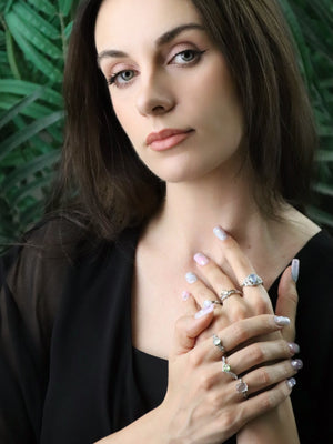 Natural prehnite gemstone ring in copper band, calming crystal jewellery for everyday wear