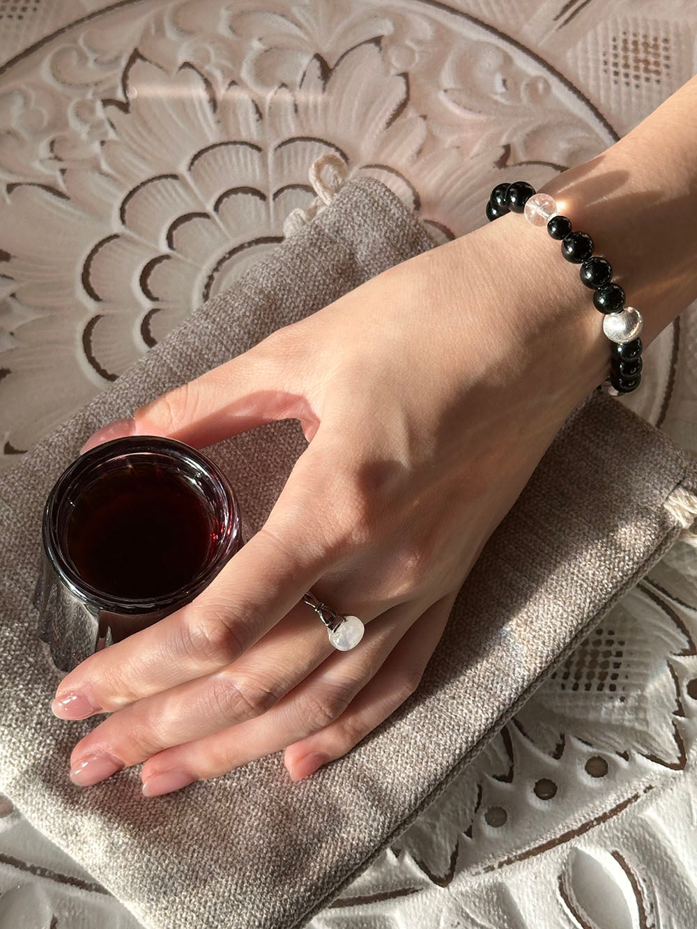 Handcrafted New Moon bracelet worn daily, moon phase jewellery designed in the UK