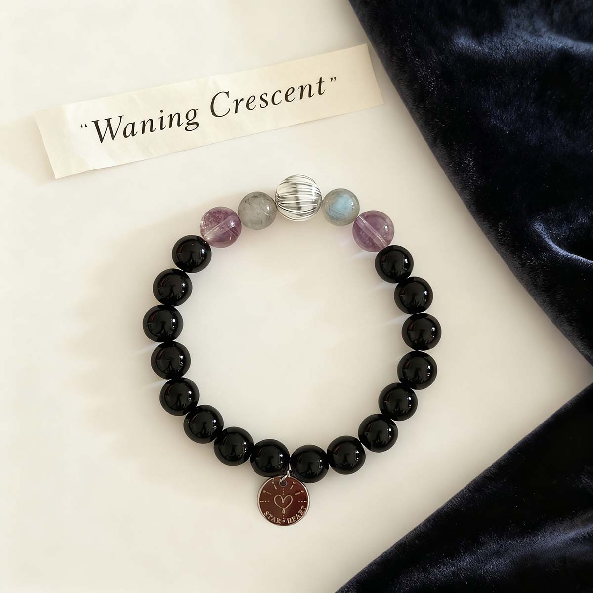moonstone and Amethyst Waning Crescent bracelet for peace and renewal
